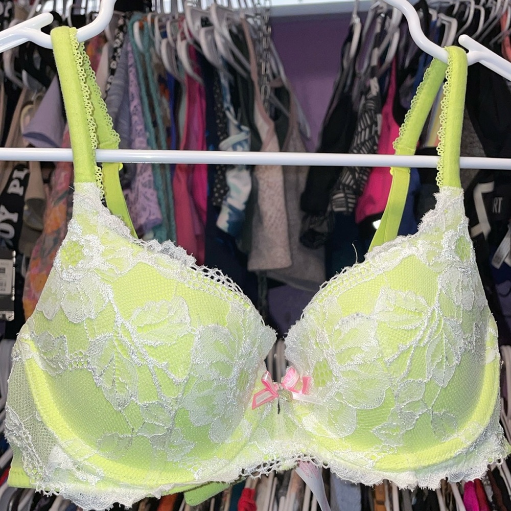 Neon Yellow and white Retro y2k bra by Victoria Secrets VS with lace trim sexy